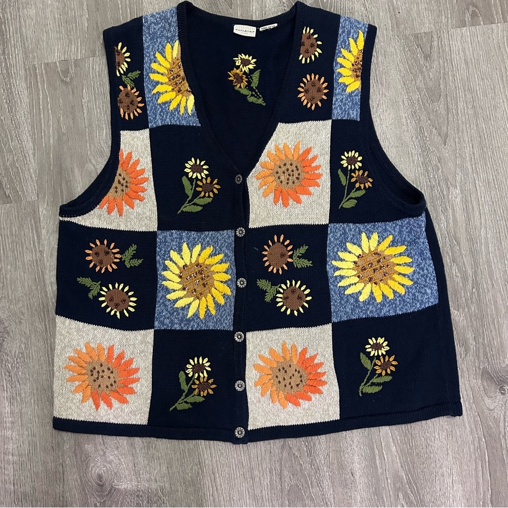 Vintage White Stag Sunflower Sweater Vest Cottagecore Embroidered Floral 22W/24W